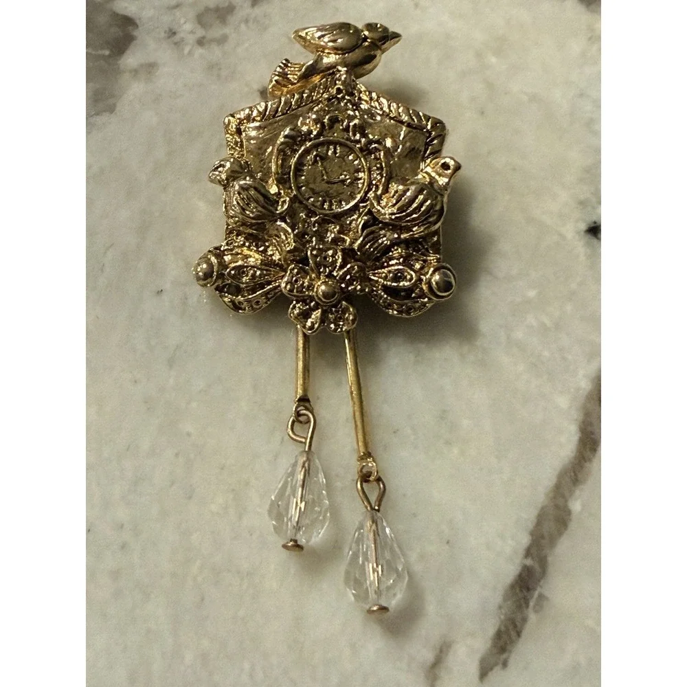 Liz Claiborne Coo Coo Clock Birdhouse Brooch or Pendant Gold Tone Crystal Drop